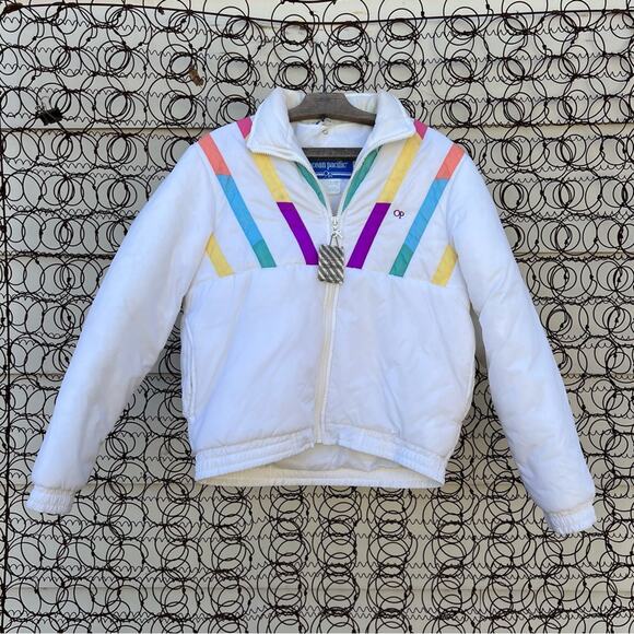 Vintage 80s Ocean Pacific pastel color block diagonal stripe ski coat jacket - Picture 1 of 5